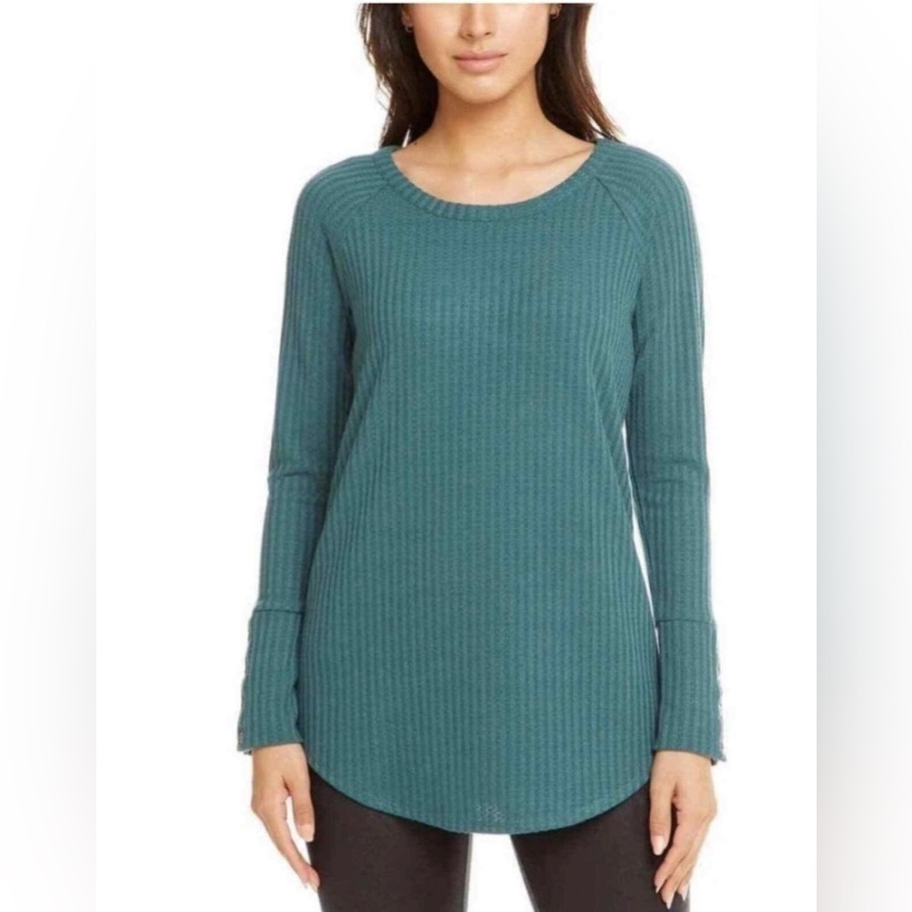 Chaser Teal Waffle Knit Thermal Button Cuff 
Pullover Top NWOT